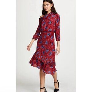 SALONI Lexie 100% SILK Floral Asymmetrical Ruffle Pleat Off Shoulder Dress‎ US 4